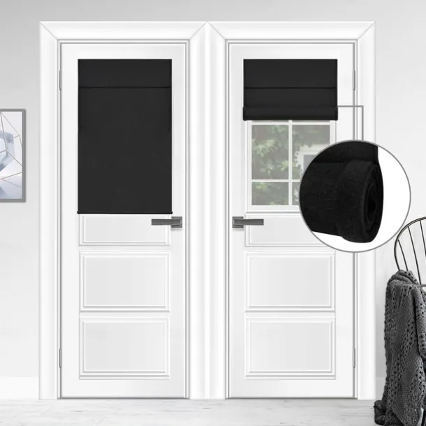 100% Blackout French Door Curtains, Triple Layers Light Blocking & UV Protect, Noiseless Adjustable Roller Shade, No Drill Window Blinds for Office