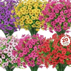 20 Bundles Artificial Flowers for Outdoors Decoration Fake Silk Flowers UV Resistant Faux Plants Artificial Daisy Eucalyptus for Spring Summer Garden Yard Porch Window Home Decor Mix Colors