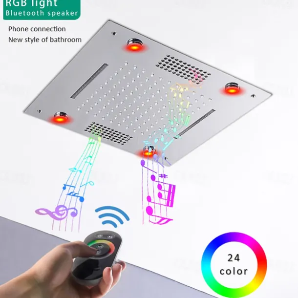 500*360 Chrome/3- Color LED Bathroom Faucets Rain Mixer Complete with Stainless Steel Rainfall Shower Head Ceiling Mounted Color Change By Water Temperature, Hydor Power, No Battery Needed