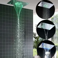 500*360 Chrome/3- Color LED Bathroom Faucets Rain Mixer Complete with Stainless Steel Rainfall Shower Head Ceiling Mounted Color Change By Water Temperature, Hydor Power, No Battery Needed