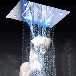 500*360 Chrome/3- Color LED Bathroom Faucets Rain Mixer Complete with Stainless Steel Rainfall Shower Head Ceiling Mounted Color Change By Water Temperature, Hydor Power, No Battery Needed