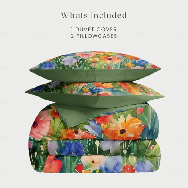 100% Cotton Colorful Ink Flower 3-Piece Duvet Set for Hotel Bedroom Guest Room Hotel Bedding Comfy Set 1 Duvet Cover 2 Pillowcases Bed Set