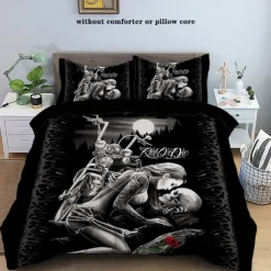 100% Cotton Floral Skull Knight 3 Piece Quilt Cover Set Human Skeleton Couple Printed Bedding Set 3 Piece Suitable for Couples and Adults Gothic Quilt Cover Set Super Soft Breathable Short Fluff Bedding Set Light
