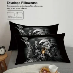 100% Cotton Floral Skull Knight 3 Piece Quilt Cover Set Human Skeleton Couple Printed Bedding Set 3 Piece Suitable for Couples and Adults Gothic Quilt Cover Set Super Soft Breathable Short Fluff Bedding Set Light