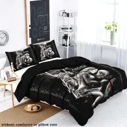 100% Cotton Floral Skull Knight 3 Piece Quilt Cover Set Human Skeleton Couple Printed Bedding Set 3 Piece Suitable for Couples and Adults Gothic Quilt Cover Set Super Soft Breathable Short Fluff Bedding Set Light