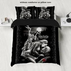 100% Cotton Floral Skull Knight 3 Piece Quilt Cover Set Human Skeleton Couple Printed Bedding Set 3 Piece Suitable for Couples and Adults Gothic Quilt Cover Set Super Soft Breathable Short Fluff Bedding Set Light