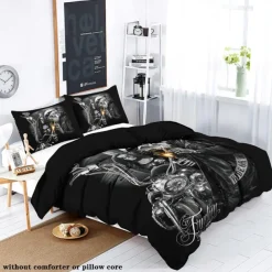 100% Cotton Floral Skull Knight 3 Piece Quilt Cover Set Human Skeleton Couple Printed Bedding Set 3 Piece Suitable for Couples and Adults Gothic Quilt Cover Set Super Soft Breathable Short Fluff Bedding Set Light