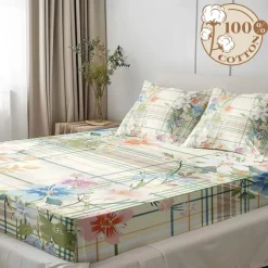 100% Cotton Floral Stripe Spring Pattern Fitted Sheet Set Ultra Soft Breathable Silky Bed Sheets Deep Pocket Bedding Sheets 3 Piece Queen King Size