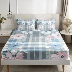 100% Cotton Floral Stripe Spring Pattern Fitted Sheet Set Ultra Soft Breathable Silky Bed Sheets Deep Pocket Bedding Sheets 3 Piece Queen King Size