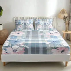 100% Cotton Floral Stripe Spring Pattern Fitted Sheet Set Ultra Soft Breathable Silky Bed Sheets Deep Pocket Bedding Sheets 3 Piece Queen King Size