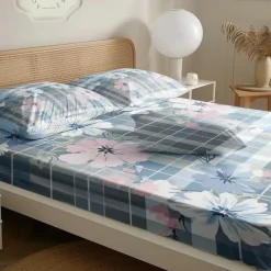 100% Cotton Floral Stripe Spring Pattern Fitted Sheet Set Ultra Soft Breathable Silky Bed Sheets Deep Pocket Bedding Sheets 3 Piece Queen King Size