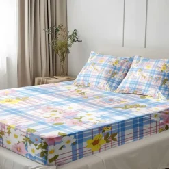 100% Cotton Floral Stripe Spring Pattern Fitted Sheet Set Ultra Soft Breathable Silky Bed Sheets Deep Pocket Bedding Sheets 3 Piece Queen King Size
