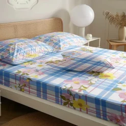 100% Cotton Floral Stripe Spring Pattern Fitted Sheet Set Ultra Soft Breathable Silky Bed Sheets Deep Pocket Bedding Sheets 3 Piece Queen King Size