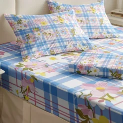 100% Cotton Floral Stripe Spring Pattern Fitted Sheet Set Ultra Soft Breathable Silky Bed Sheets Deep Pocket Bedding Sheets 3 Piece Queen King Size