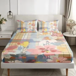 100% Cotton Floral Stripe Spring Pattern Fitted Sheet Set Ultra Soft Breathable Silky Bed Sheets Deep Pocket Bedding Sheets 3 Piece Queen King Size