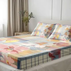 100% Cotton Floral Stripe Spring Pattern Fitted Sheet Set Ultra Soft Breathable Silky Bed Sheets Deep Pocket Bedding Sheets 3 Piece Queen King Size