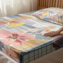 100% Cotton Floral Stripe Spring Pattern Fitted Sheet Set Ultra Soft Breathable Silky Bed Sheets Deep Pocket Bedding Sheets 3 Piece Queen King Size