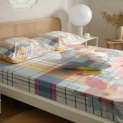 100% Cotton Floral Stripe Spring Pattern Fitted Sheet Set Ultra Soft Breathable Silky Bed Sheets Deep Pocket Bedding Sheets 3 Piece Queen King Size