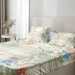 100% Cotton Floral Stripe Spring Pattern Fitted Sheet Set Ultra Soft Breathable Silky Bed Sheets Deep Pocket Bedding Sheets 3 Piece Queen King Size