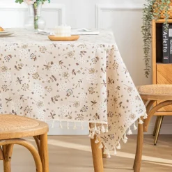 100% Cotton Fringed Tablecloth with Tassel Floral Plant