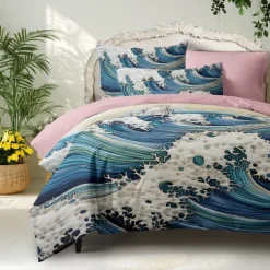 100% Cotton Japanese-Style Waves Pattern Duvet Cover Set Soft 3-Piece Luxury Bedding Set Home Decor Gift King Queen Full