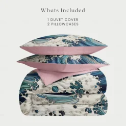 100% Cotton Japanese-Style Waves Pattern Duvet Cover Set Soft 3-Piece Luxury Bedding Set Home Decor Gift King Queen Full
