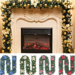 8.8 ft./2.7m Artificial Christmas Garland Staircase Decoration Green Rattan with Flower Decorations for Home Stairs Fireplace Front Porch Door Display Indoor Outdoor Christmas Decor