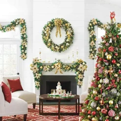 8.8 ft./2.7m Artificial Christmas Garland Staircase Decoration Green Rattan with Flower Decorations for Home Stairs Fireplace Front Porch Door Display Indoor Outdoor Christmas Decor