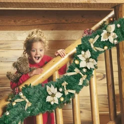 8.8 ft./2.7m Artificial Christmas Garland Staircase Decoration Green Rattan with Flower Decorations for Home Stairs Fireplace Front Porch Door Display Indoor Outdoor Christmas Decor