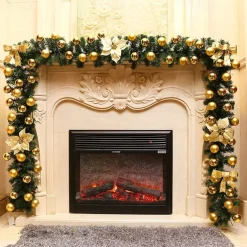 8.8 ft./2.7m Artificial Christmas Garland Staircase Decoration Green Rattan with Flower Decorations for Home Stairs Fireplace Front Porch Door Display Indoor Outdoor Christmas Decor