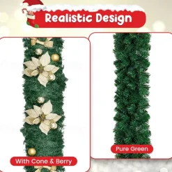 8.8 ft./2.7m Artificial Christmas Garland Staircase Decoration Green Rattan with Flower Decorations for Home Stairs Fireplace Front Porch Door Display Indoor Outdoor Christmas Decor