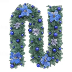 8.8 ft./2.7m Artificial Christmas Garland Staircase Decoration Green Rattan with Flower Decorations for Home Stairs Fireplace Front Porch Door Display Indoor Outdoor Christmas Decor