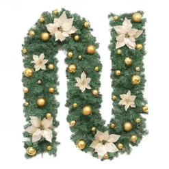 8.8 ft./2.7m Artificial Christmas Garland Staircase Decoration Green Rattan with Flower Decorations for Home Stairs Fireplace Front Porch Door Display Indoor Outdoor Christmas Decor