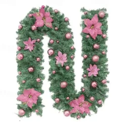 8.8 ft./2.7m Artificial Christmas Garland Staircase Decoration Green Rattan with Flower Decorations for Home Stairs Fireplace Front Porch Door Display Indoor Outdoor Christmas Decor