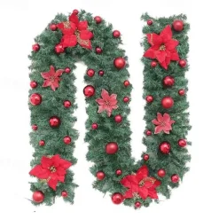 8.8 ft./2.7m Artificial Christmas Garland Staircase Decoration Green Rattan with Flower Decorations for Home Stairs Fireplace Front Porch Door Display Indoor Outdoor Christmas Decor