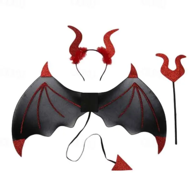 3 Halloween Devil Wings Trident Headwear Set Role Playing Costume Devil Ghost Soul Black Adult Feather Wings and Decorations Halloween Party COS Dress up Makeup Ball Performance Props Devil Wings Set