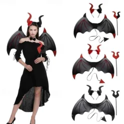 3 Halloween Devil Wings Trident Headwear Set Role Playing Costume Devil Ghost Soul Black Adult Feather Wings and Decorations Halloween Party COS Dress up Makeup Ball Performance Props Devil Wings Set