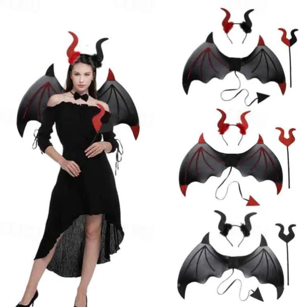 3 Halloween Devil Wings Trident Headwear Set Role Playing Costume Devil Ghost Soul Black Adult Feather Wings and Decorations Halloween Party COS Dress up Makeup Ball Performance Props Devil Wings Set