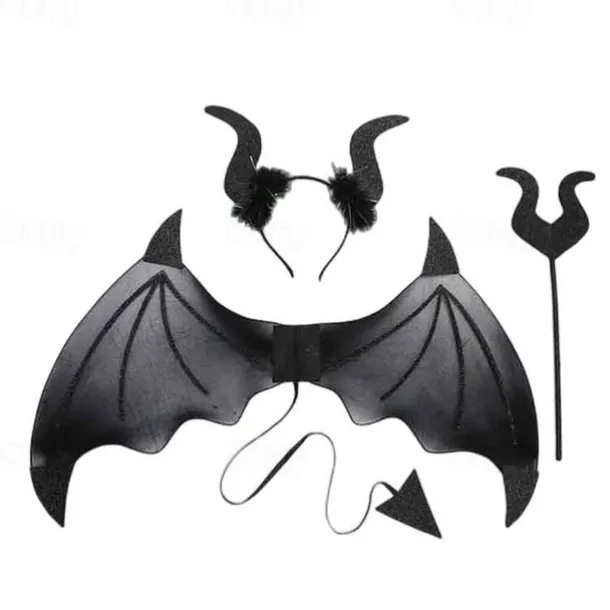 3 Halloween Devil Wings Trident Headwear Set Role Playing Costume Devil Ghost Soul Black Adult Feather Wings and Decorations Halloween Party COS Dress up Makeup Ball Performance Props Devil Wings Set