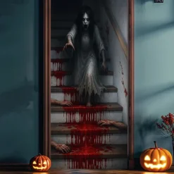 2025 Halloween Door Cover – Bloody Stairs Horror Scene, Haunted House Entrance Banner, Gruesome Outdoor & Indoor 2025 Halloween Decoration for Bedroom, Living Room, Bathroom