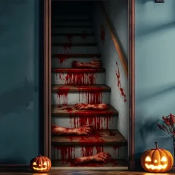 2025 Halloween Door Cover – Bloody Stairs Horror Scene, Haunted House Entrance Banner, Gruesome Outdoor & Indoor 2025 Halloween Decoration for Bedroom, Living Room, Bathroom