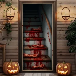 2025 Halloween Door Cover – Bloody Stairs Horror Scene, Haunted House Entrance Banner, Gruesome Outdoor & Indoor 2025 Halloween Decoration for Bedroom, Living Room, Bathroom