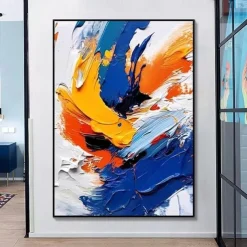 100% handmade White Blue Yellow Textured Painting Oversized handmade Abstract Geometric Textured oil painting Wall Art Large Minimalist Textured Painting for Living Room Wall Decor Abstract Art