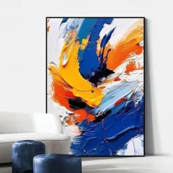 100% handmade White Blue Yellow Textured Painting Oversized handmade Abstract Geometric Textured oil painting Wall Art Large Minimalist Textured Painting for Living Room Wall Decor Abstract Art