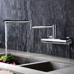 2 Hole Pot Filler Sink Mixer Kitchen Faucet Chrome, Wall Mounted Kitchen taps Brass Folding Kitchen Tap with Cold and Hot Hose, Double Joint Swing Arm Foldable Vessel Water Tap