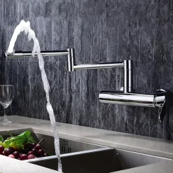 2 Hole Pot Filler Sink Mixer Kitchen Faucet Chrome, Wall Mounted Kitchen taps Brass Folding Kitchen Tap with Cold and Hot Hose, Double Joint Swing Arm Foldable Vessel Water Tap