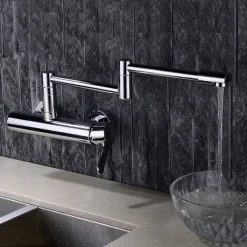 2 Hole Pot Filler Sink Mixer Kitchen Faucet Chrome, Wall Mounted Kitchen taps Brass Folding Kitchen Tap with Cold and Hot Hose, Double Joint Swing Arm Foldable Vessel Water Tap