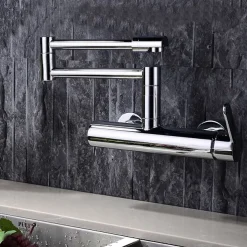 2 Hole Pot Filler Sink Mixer Kitchen Faucet Chrome, Wall Mounted Kitchen taps Brass Folding Kitchen Tap with Cold and Hot Hose, Double Joint Swing Arm Foldable Vessel Water Tap