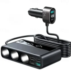 9 in 1 Cigarette Lighter Splitter, 210W Cigarette Lighter Adapter with PD/QC 3.0 * 2 Charge(3.3FT Cable), 12V/24V Independent Switches DC Cigarette Outlet Car Charger for All Car Devices