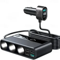 9 in 1 Cigarette Lighter Splitter, 210W Cigarette Lighter Adapter with PD/QC 3.0 * 2 Charge(3.3FT Cable), 12V/24V Independent Switches DC Cigarette Outlet Car Charger for All Car Devices